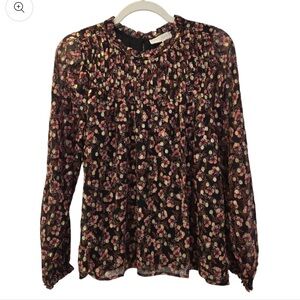 LOFT Black Floral Long-Sleeve Blouse with Pink & Green Accents